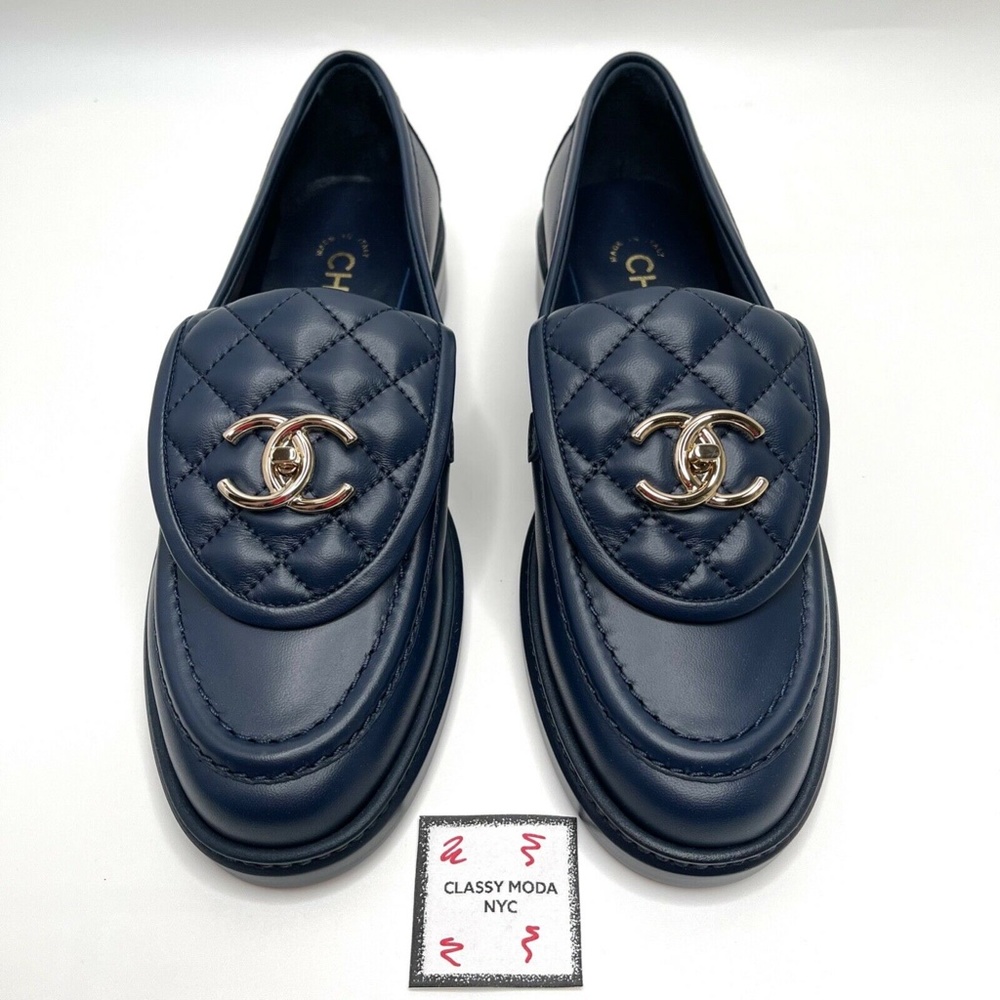 ❌❌ SOLD Chanel NIB 2021 Navy Blue Gold CC Logo Quilted Flap Flats Loafers - Picture 3 of 14